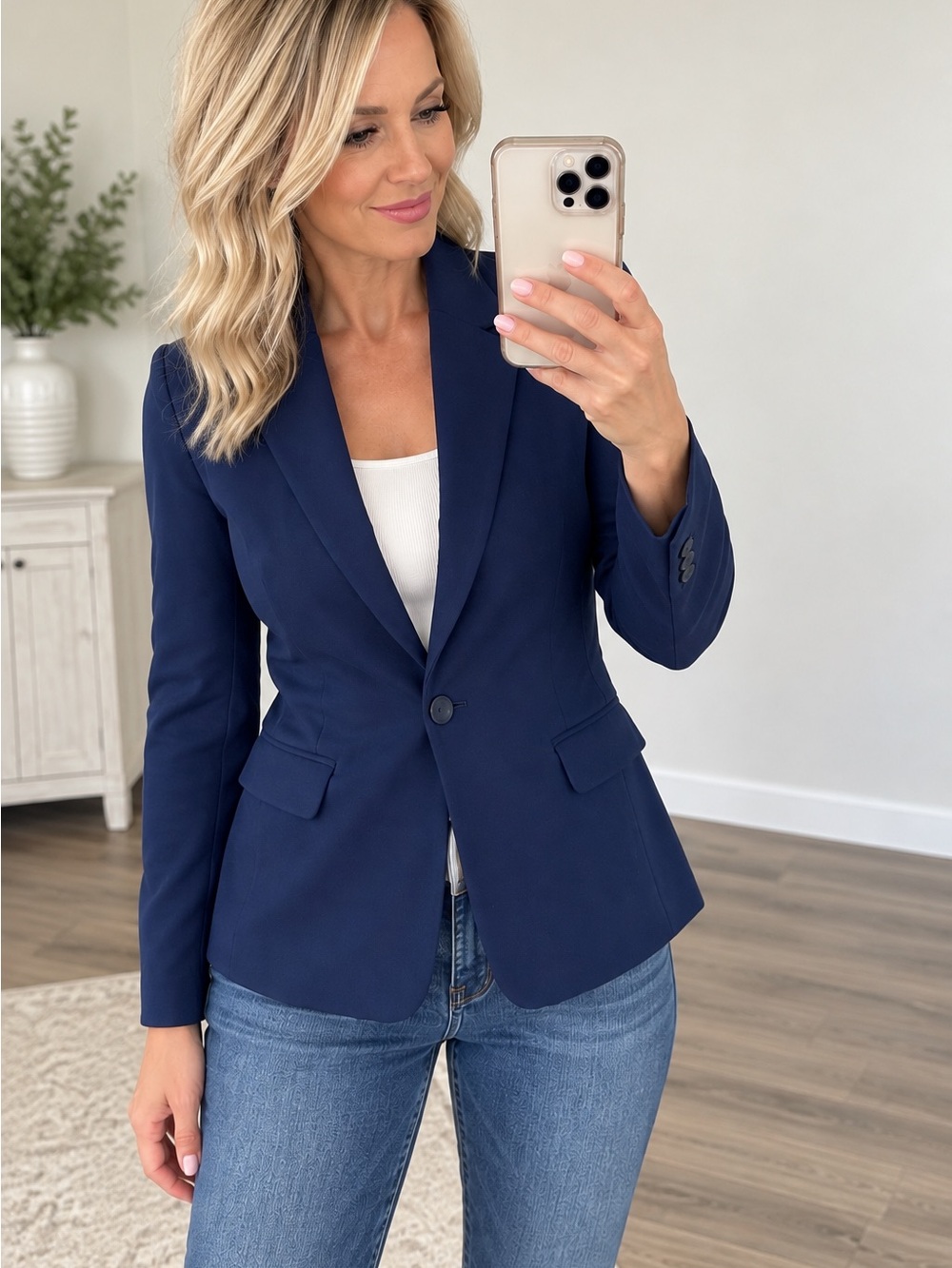 Marycrafts Women’s Navy Blue Tailored Blazer Jacket Size 4 Stretch One Button